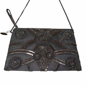 Vintage Mary Frances Gray Beaded Clutch crossbody with brown bead accents India